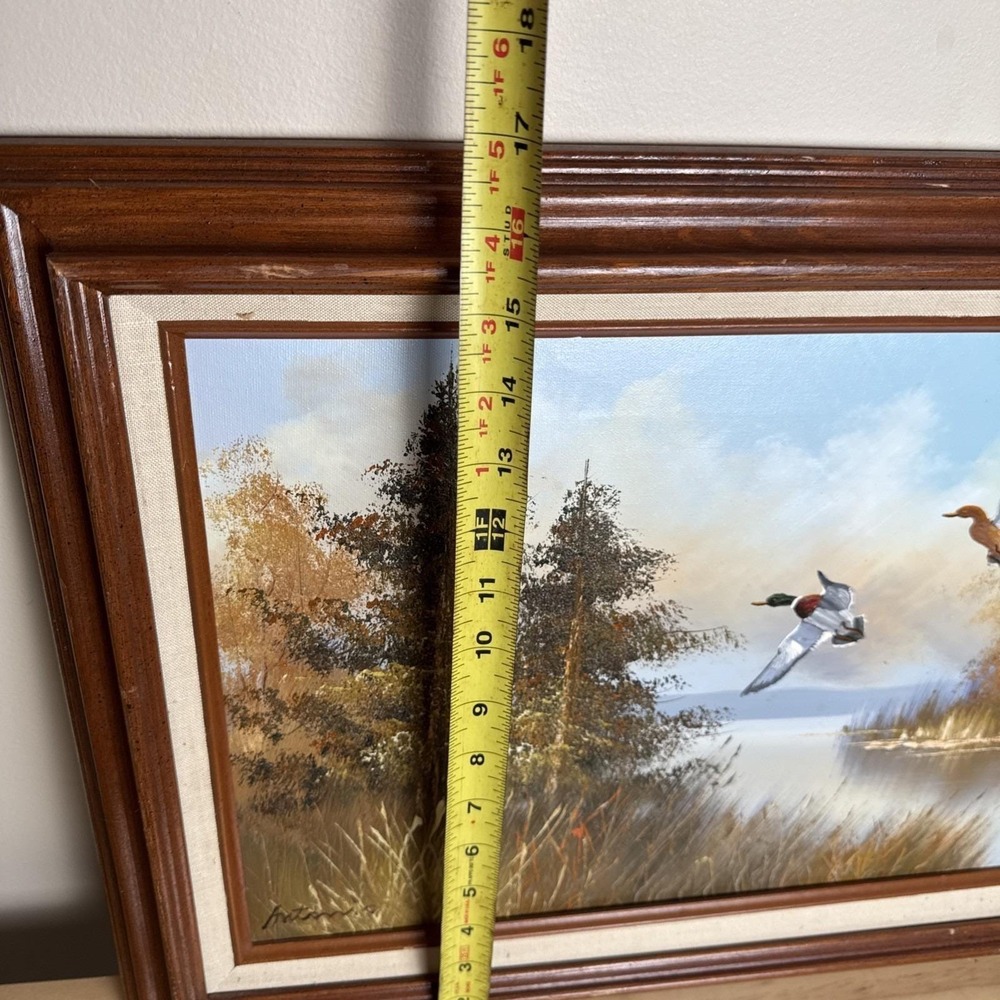 VTG Original 70s Framed Oil Painting Nature Ducks Flying Lake Art 17x20" Western - Picture 8 of 11
